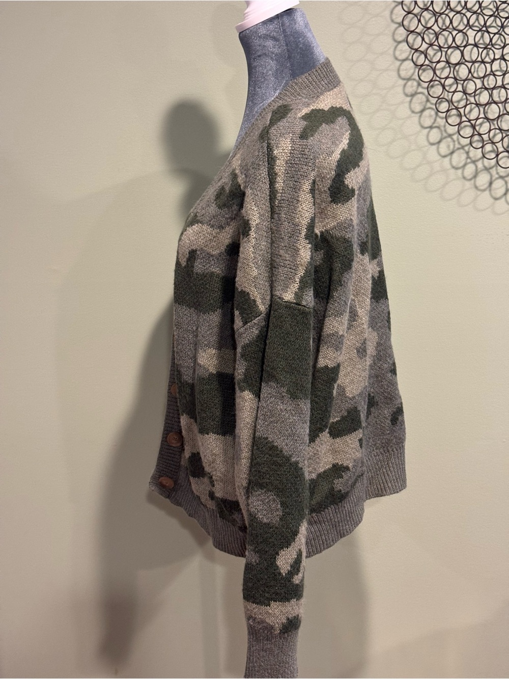Lucky Brand Camo Cardigan Sweater Wool Blend Buttons Oversized V-Neck XL - Picture 2 of 6